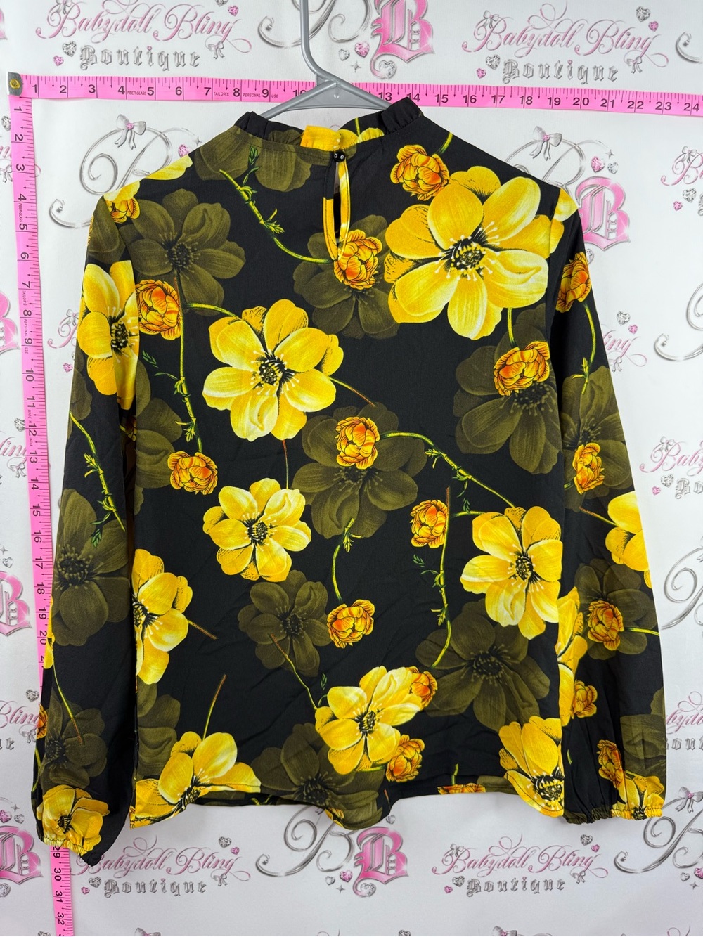 RANLEGE shirt blouse flowers ruffle Yellow Floral Long-Sleeve Blouse - Black - Picture 12 of 16